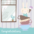 Green blue pastel greeting card with rabbit in a cup of coffee,window,grass,cactus and tree