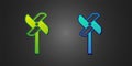 Green and blue Pinwheel toy icon isolated on black background. Windmill toy icon. Vector Royalty Free Stock Photo