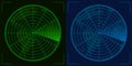 Green and blue radar screen with small planes. Civil and military aviation. Airplane and navy route control. Vector