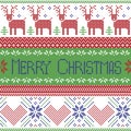 Green Blue And Red Scandinavian Merry Christmas Sign Inspired By Nordic Pattern In Cross Stitch With Reindeer, Snowflake, Tree, S