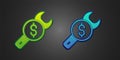 Green and blue Repair price icon isolated on black background. Dollar and wrench. Vector