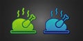 Green and blue Roasted turkey or chicken icon isolated on black background. Vector