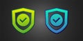 Green and blue Shield with check mark icon isolated on black background. Protection symbol. Security check Icon. Tick Royalty Free Stock Photo