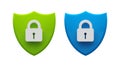 Green and Blue Shields with Padlocks Representing Digital Security and Cyber Protection. Vector stock illustration. Royalty Free Stock Photo