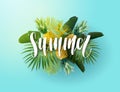 Green and blue summer tropical background with exotic palm leaves, bird of paradise flowers and pineapples. White