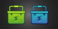 Green and blue Toolbox electrician icon isolated on black background. Vector Royalty Free Stock Photo