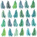 Green, blue and turquoise tropical leaves seamless pattern. Vector illustration on white background