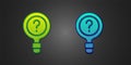 Green and blue Unknown search icon isolated on black background. Magnifying glass and question mark. Vector