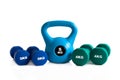 Green and blue weights equipment for fitness exercise Royalty Free Stock Photo