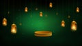 Green blur background with luxury lantern, gold star, and moon decoration for ramadan theme Royalty Free Stock Photo