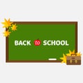 Green board with chalk on the wall. Brown schoolbag briefcase. Autumn yellow and orange maple leaf set. Flat design style. Isolate Royalty Free Stock Photo