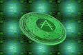 green board and a valueable green ada coin from cardano crypto currency oblique