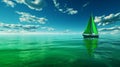 Vibrant Fantasy Landscape: Green Sailboat Sailing On Blue Sea