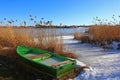 A green boat lies on the shore of a frozen lake in winter Royalty Free Stock Photo