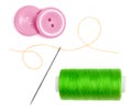Green bobbin thread with needle and pink buttons Royalty Free Stock Photo