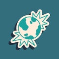 Green Bomb explosive planet earth war danger icon isolated on green background. Long shadow style. Vector Royalty Free Stock Photo