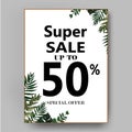 Green botanical summer tropical sale flyer with palm leaves and exotic plants.