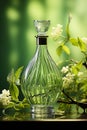 A green bottle of refreshing fragrance on a green background. Perfume, eau de parfum.