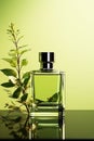 A green bottle of refreshing fragrance on a green background. Perfume, eau de parfum.