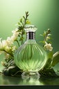 A green bottle of refreshing fragrance on a green background. Perfume, eau de parfum.