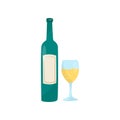 Green bottle of wine and glass. Delicious alcoholic drink. Traditional Croatian beverage. Flat vector element for cafe