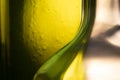 Green bottles and bottleneck close-up in backlash. Abstract background