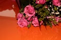 Green bouquet with small roses on an orange background. Pink small roses Royalty Free Stock Photo