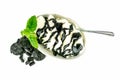 A green bowl with delicious vanilla ice cream, licorice sauce topping and mint. Licorice candy on the side. Royalty Free Stock Photo