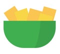 Green bowl filled with crispy golden potato chips. Snack time and junk food concept vector illustration
