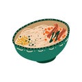 Green Bowl of Noodles with Meat, Traditional Chinese or Japanese Food, Ramen Noodles Vector Illustration