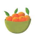 Green bowl of orange fruits, oranges, citrus, leaves, food