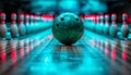 a green bowling ball hitting other bowling pins Royalty Free Stock Photo