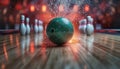 a green bowling ball hitting other bowling pins Royalty Free Stock Photo