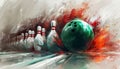 a green bowling ball hitting other bowling pins Royalty Free Stock Photo