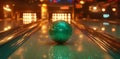 A green bowling ball is rolling down the lane and splashing water Royalty Free Stock Photo