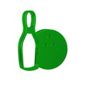 Green Bowling pin and ball icon isolated on transparent background. Sport equipment. Royalty Free Stock Photo