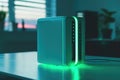 A green box sits on a table, creating a vibrant contrast against the surface, Visualize a NAS device in a stylish, modern tech