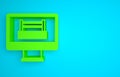 Green Boxing ring show at television screen monitor icon isolated on blue background. Minimalism concept. 3D render