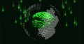 Green brain and hexagonal patterns with binary code image on dark background