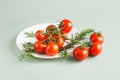 Green branch with fresh red cherry tomatoes and green rosemary branch in a white plate on a light green pastel background. Copy Royalty Free Stock Photo