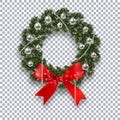 A green branch of spruce in the form of a Christmas wreath with shadow and snowflakes. Red bow, silver balls and beads Royalty Free Stock Photo