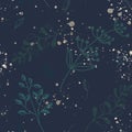 green branches on dark blue ground with golden watercolor spots seamless pattern background