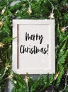 Green branches with star shape lights, frame wishing Merry Christmas