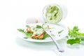 green bread spread of arugula, curds and eggs with fried toast