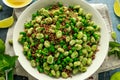 Green Broad beans and quinoa salad with sweet peas and mint. Healthy vegan food Royalty Free Stock Photo