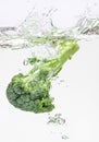 Green broccoli falling in water with air bubbles