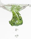 Green broccoli falling in water with air bubbles