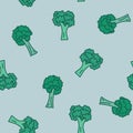 Green broccoli illustration, hand drawn style. Seamless vector p