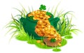 Green broken cauldron pan full of gold coins on grass. Lucky clover quatrefoil symbol st patricks day