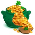 Green broken cauldron pan full of gold coins. Lucky clover quatrefoil symbol st patricks day